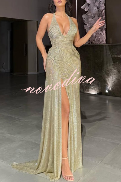 Edeita Sequin Pleated Design Deep Halter U-neck Slit Drape Gown Maxi Dress