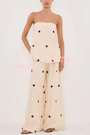 Linen Blend Polka Dot Bandeau Top and Elastic Waist Pocket Wide Leg Pants Set