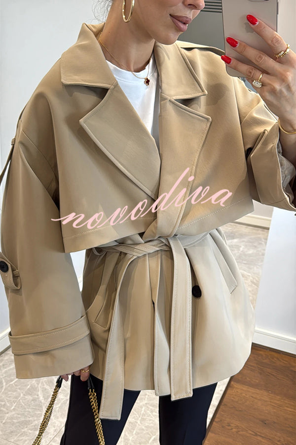 Modern Urban Dropped Shoulder Strap Button Detail Belted Lapel Loose Trench Coat