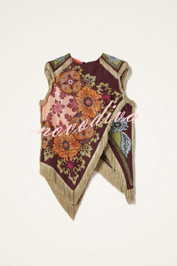 Stunning Floral Print Asymmetric Tassel Trim Scarf Top