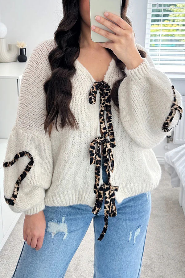 Fashionable Loose Long-sleeved Leopard Print Lace-up Knitted Sweater Cardigan