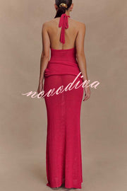 Quiet Confidence Knit Ruched Hip Halter Backless Stretch Maxi Dress