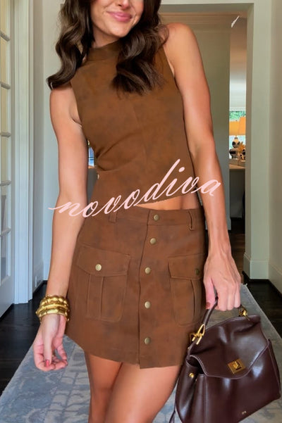 Autumn Atmosphere Faux Suede High Neck Zipper Tank and Button-Front Pocket Mini Skirt