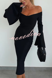 Solid Color Sexy Off-shoulder Trumpet Sleeve Slim Midi Dress