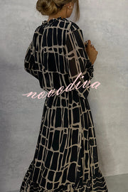 Unique Printed V-neck Tie-up Waist Long-sleeve Maxi Dress