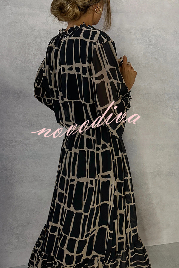 Unique Printed V-neck Tie-up Waist Long-sleeve Maxi Dress