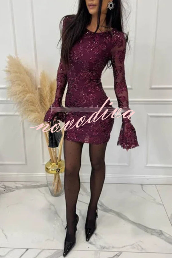 Deep and Dazzling Floral Texture Sequin Long Bell Sleeve Open Back Mini Dress