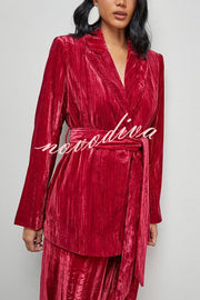 Solid Color Velvet Long-sleeved Waist Tie Top and Elastic Waist Casual Pocket Straight-leg Pants Set