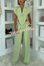 Fashion Style Lapel Waist-baring Irregular Vest and  Elastic Waist Pocket Loose Pants Set