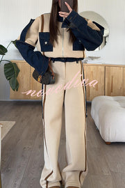 Chill Whispers Denim Patchwork Sweatshirt Fabric Zipper Long Sleeve Pocket Loose Jacket