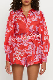 Linen Blend Botanical Print Lapel Puff Sleeve Loose Tie Casual Rompers