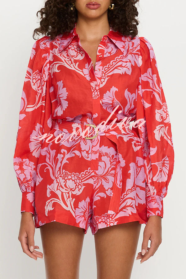 Linen Blend Botanical Print Lapel Puff Sleeve Loose Tie Casual Rompers