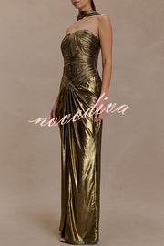 Clemence Plisse Metallic Fabric Reverse Halter Beck Strap Drape Slit Maxi Dress