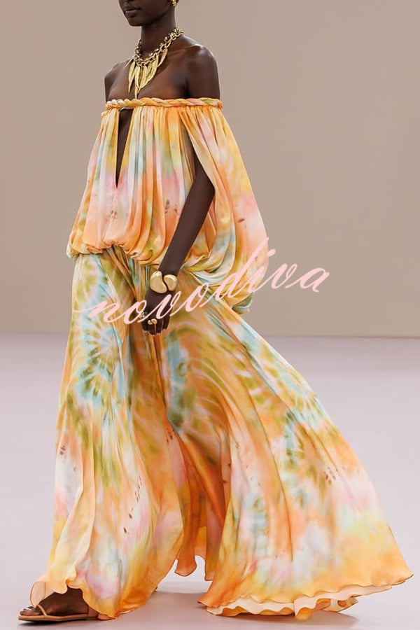Gorgeous 70s Dream Tie-dye Print Off Shoulder Braid Cutout Detail Drape Maxi Dress