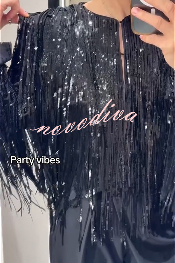 Party Crasher Layered Sequined Tassels Long Sleeve Loose Jacket