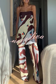 Loving Views Satin Unique Print a-line Tank and Elastic Waist Loose Pants Set