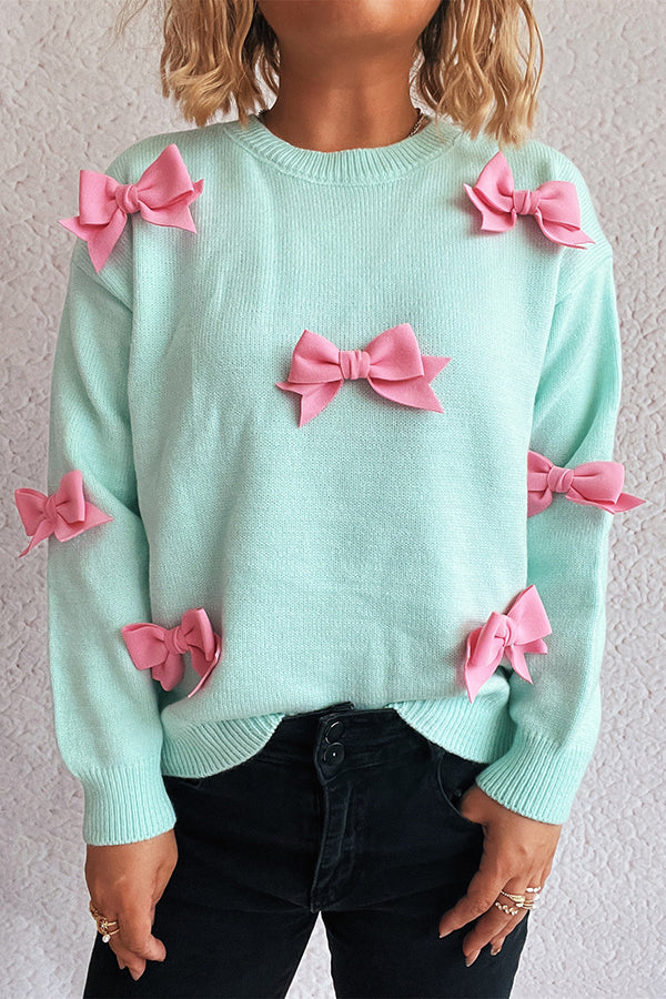 Sweet Bow-knot Casual Round Neck Long-sleeved Knit Sweater