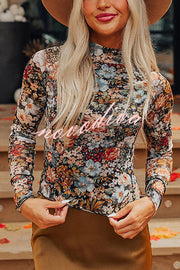 Floral Print Turtleneck Long Sleeve Stretch Bottoming Shirt