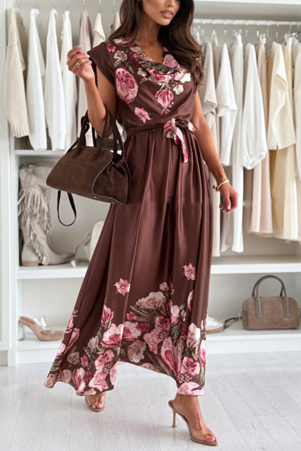 Floral Print V-neck Sleeveless Waisted Midi Dress