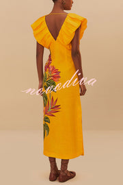 Plant Print V-neck Open Back Holiday Style Slit Midi Dress
