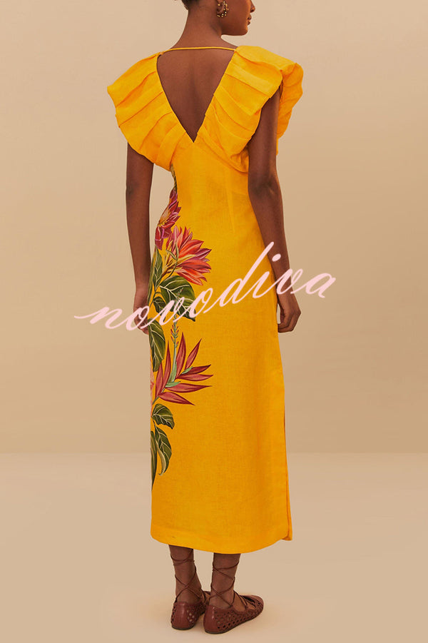 Plant Print V-neck Open Back Holiday Style Slit Midi Dress