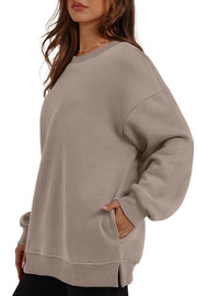 Solid Color Round Neck Pocket Loose Warm Long Sleeve Sweatshirt