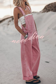 Moneh Denim Adjustable Straps Kangaroo Pocket Wide Leg Jumpsuit