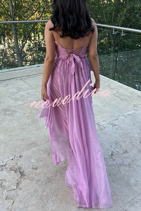 Julie Tulle Lace Trim Off Shoulder Ruched Back Lace-up Drape Slit Maxi Dress