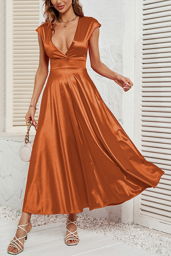 Satin Solid Color Sleeveless V-neck Pocket Maxi Dress