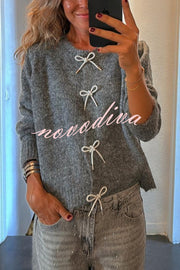 Paris Mornings Knit Front Bow Design Long Sleeve Relaxed Cardigan