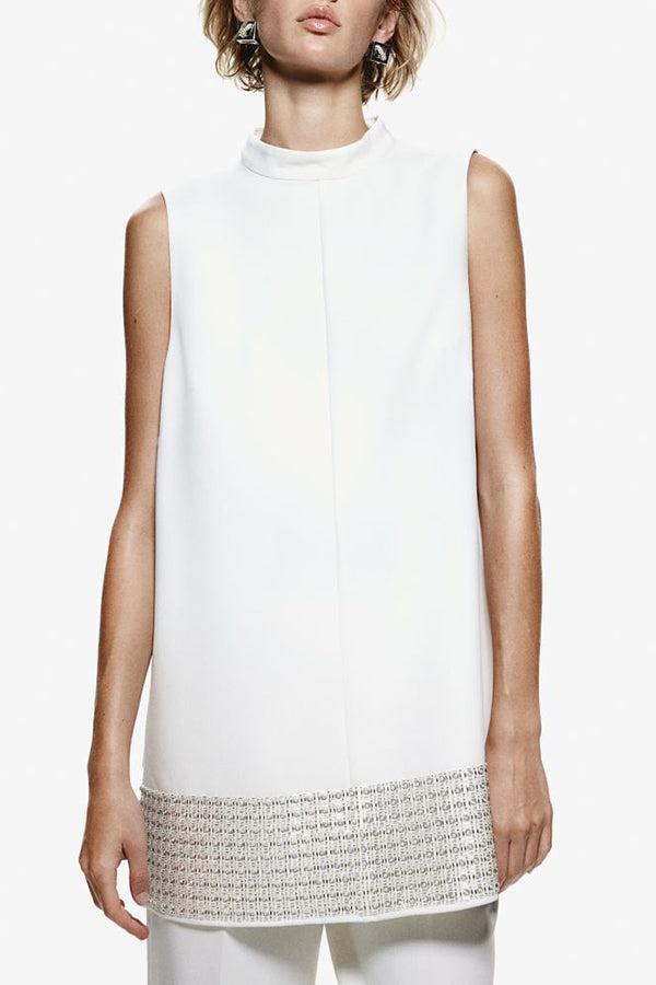 Simple But Not Simple Sequin Trim High Neck Sleeveless A-line Top