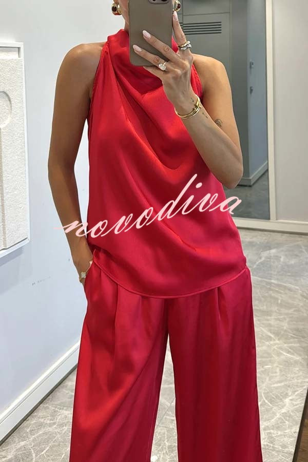 Classic on You Satin High Cowl Neck Top and Elastic Waist Pocket Loose Pants Set
