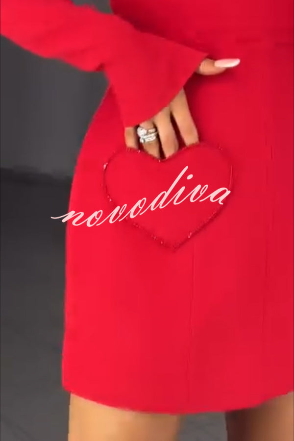 Anna Sparkling Gemstone Trim Heart Pocket Long Sleeve Mini Dress