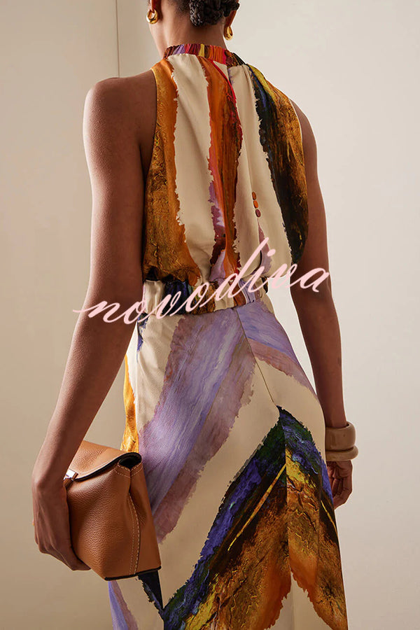 Unique Print Sleeveless Stretch Stand Collar Top and Elegant Maxi Skirt Set