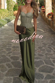 In A Fairytale Lace Satin Mid Rise Drape Maxi Skirt