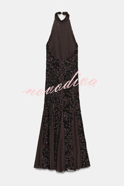 Twilight Gleam Sequin Textured Tulle Hem Halter Backless Maxi Dress