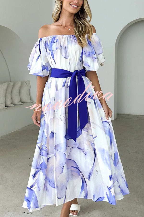 Floral Print Elegant Puff Sleeve Tie-Waist Midi Dress