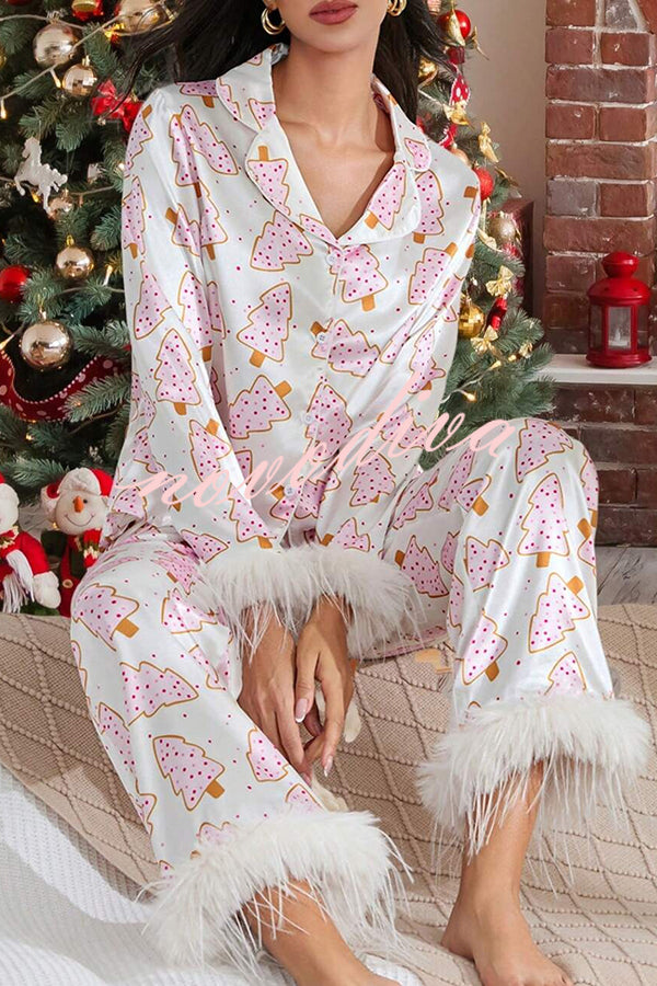 Christmas Print Feather Trim Elastic Waist Pocket Pajama Set