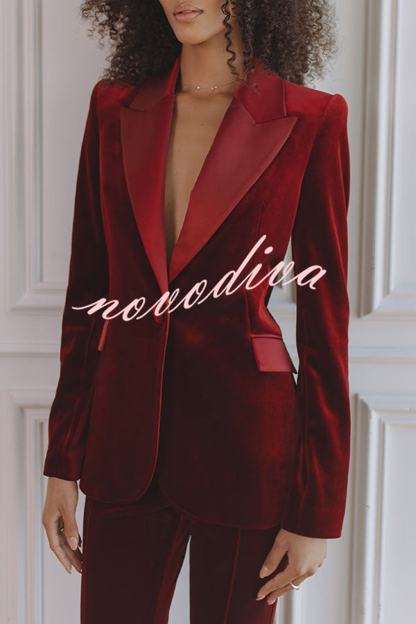 Delicate Daze Velvet Satin Lapel Button Up Long Sleeve Tapered Waist Blazer