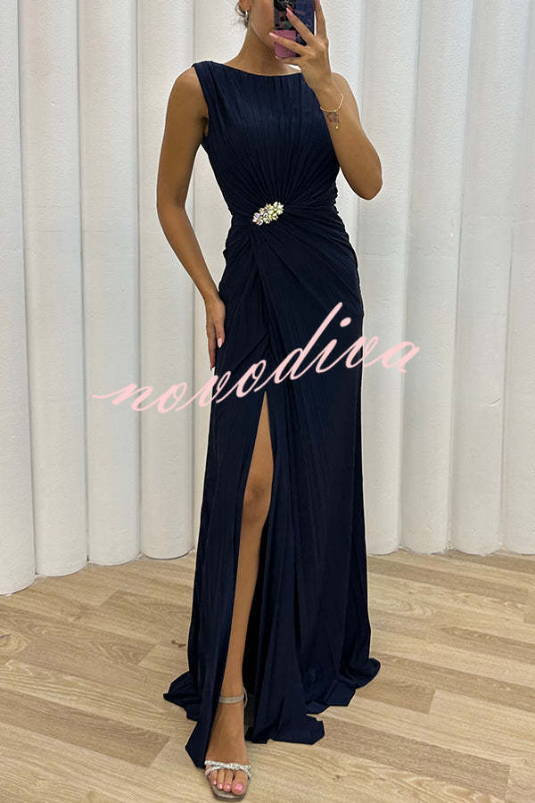 Pretty Special Pleated Embellished Slit Evening Maxi Dress