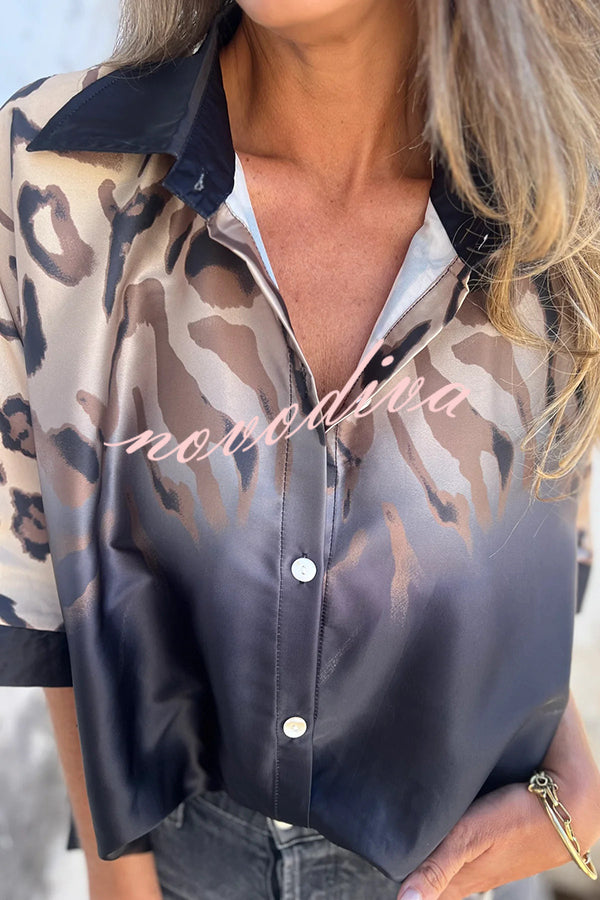 Classic Wild Satin Gradient Leopard Print Loose Short-sleeved Blouse