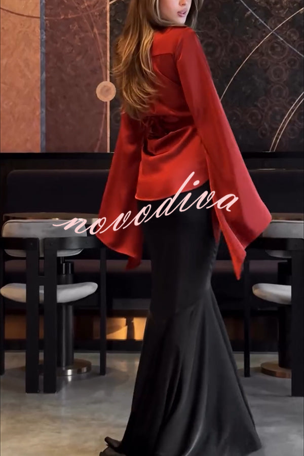 Jenny Satin High Rise Elastic Waist Flare Maxi Skirt