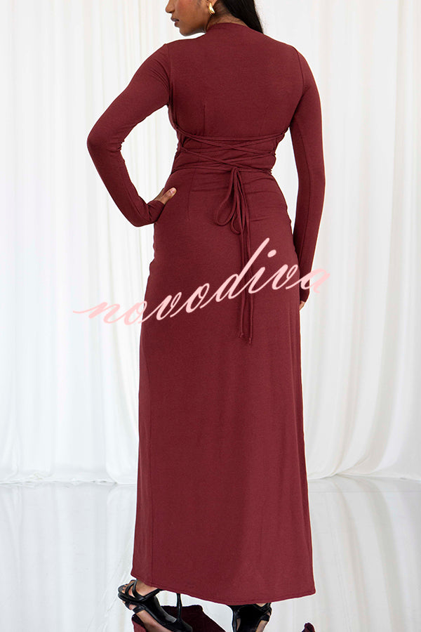 Venus Long Sleeve Ruched Side Slit Drape Ruffles Back Lace-up Stretch Maxi Dress