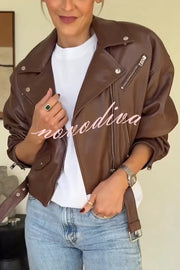 Fashion Lapel Long Sleeve Casual Zipper Pocket Leather Jacket