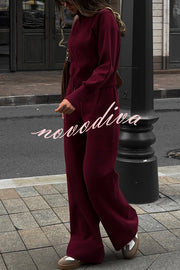 Effortlessly Stylish Ribbed Zipper High Neck Sweatshirt and Elastic Waist Pocketed Loose Pants Set