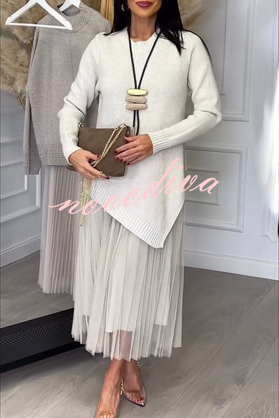 Jensine Ribbed Knit Irregular Loose Sweater and Pleated Tulle Tank Midi Dress Two-piece Set