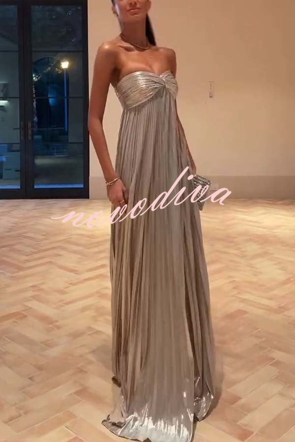 Night Elf Metallic Fabric Pleated Off Shoulder Twist Bust Slit Maxi Dress