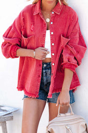 Stylish Lapel Long Sleeve Ripped Denim Jacket