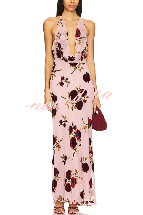 Rose Secret Printed Cowl Neck Halter Backless Maxi Dress