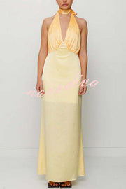 Like A Gem Satin Colorblock Halter Backless Party Maxi Dress